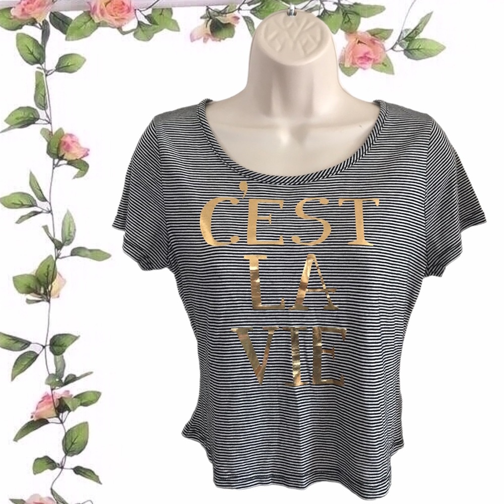 C’est La Vie Gold Black and White Striped Crop Top Size Small